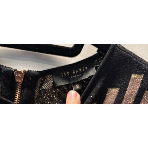 TED BAKER Black Rose Gold Silver Metallic Bell Sleeve Knit Dress Size 2 Sm US - Picture 2 of 9